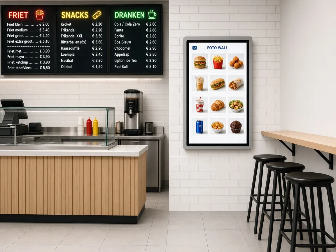 Impressie: wandscherm in een snackbar